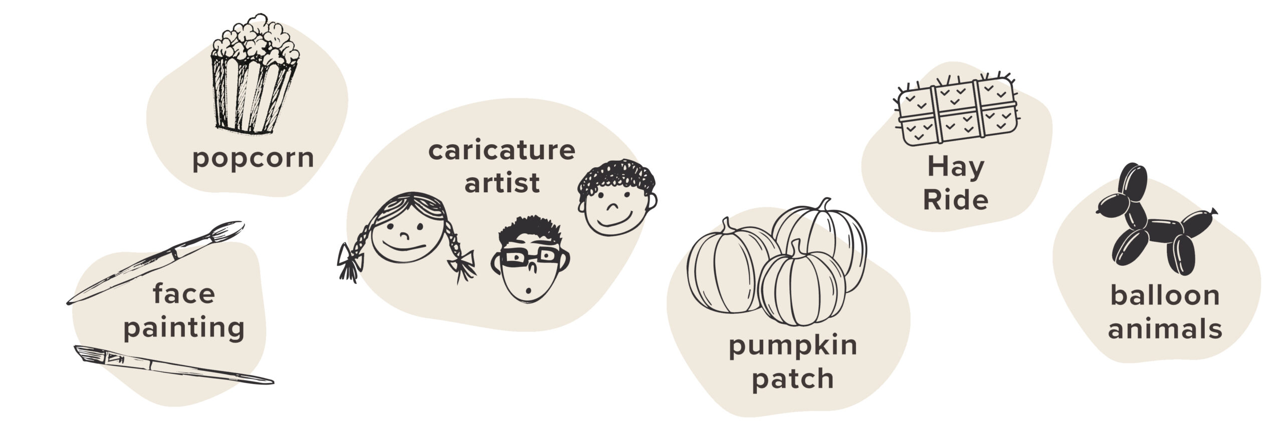 Fun illustrated icons showing Fall Fest activities like popcorn, hay rides, pumpkin patch, balloon animals, face painting, and caricature drawings