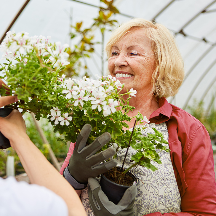 Smiling woman holding white flowering plant inside a greenhouse