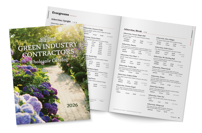 Suburban Lawn and Garden 2026 wholesale catalog with cover and evergreen plant listings inside