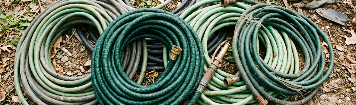 Old Garden Hoses for Trade-In | Suburban Lawn & Garden Old coiled garden hoses ready for the we buy ugly hoses trade in program
