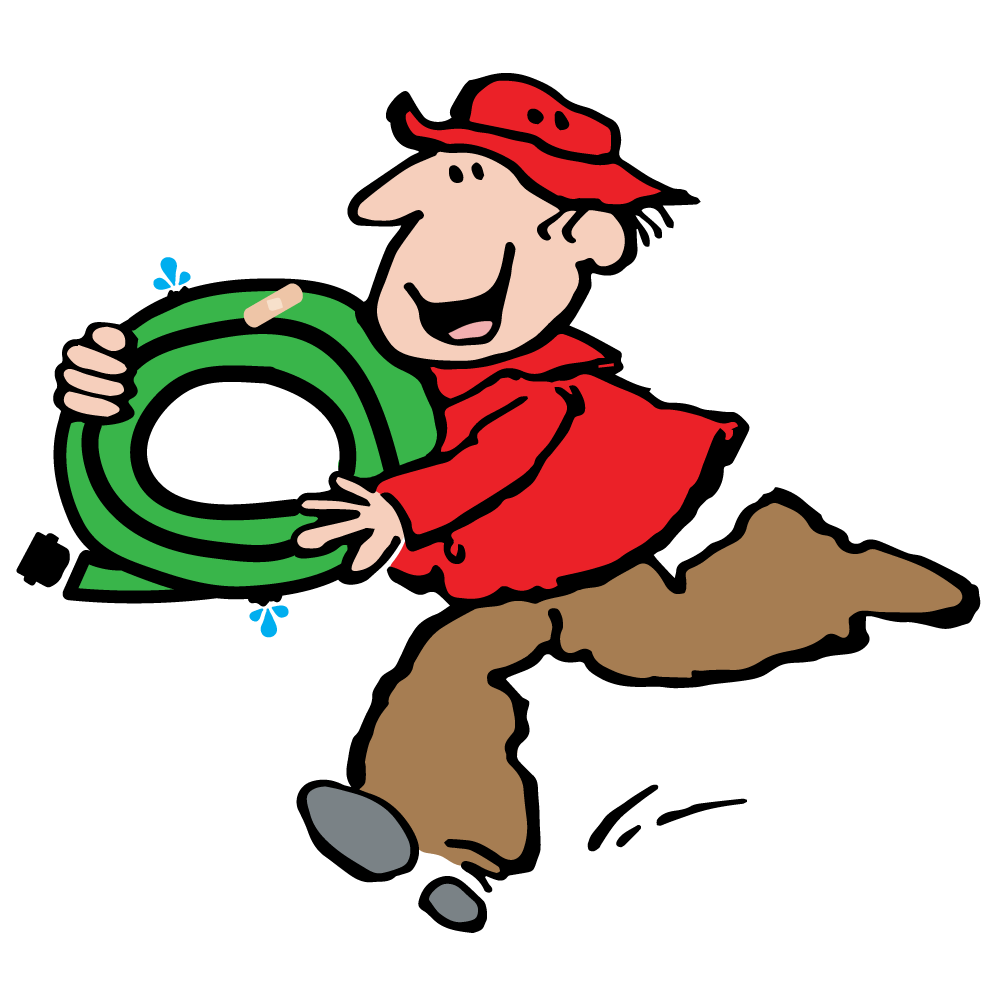 We Buy Ugly Hoses Garden Hose Trade-In | Suburban Lawn & Garden Cartoon gardener holding an old leaking garden hose for the we buy ugly hoses trade in program