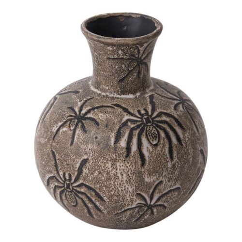 Round gray Halloween vase with black spider pattern and textured finish on a white background.