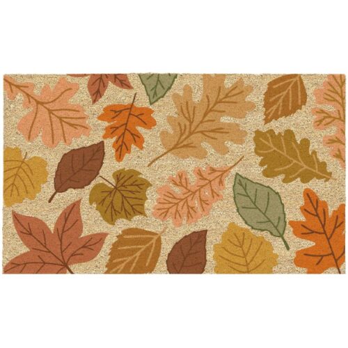 Doormat with colorful autumn leaf pattern in orange, gold, brown, and green tones.