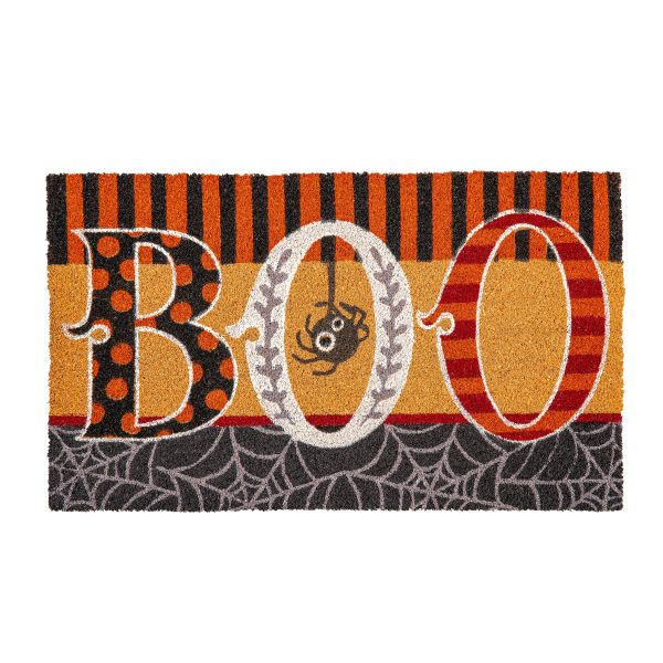 Halloween doormat with large boo lettering spider web pattern stripes polka dots and a hanging spider