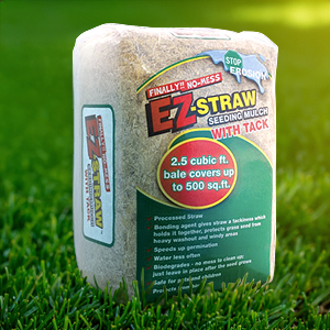 EZ-Straw Seeding Mulch | Suburban Lawn & Garden Ez straw seeding mulch bale displayed on healthy green grass for lawn repair and grass seed protection