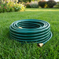 Garden Hose on Lawn Green garden hose coiled on healthy grass in a sunny yard.