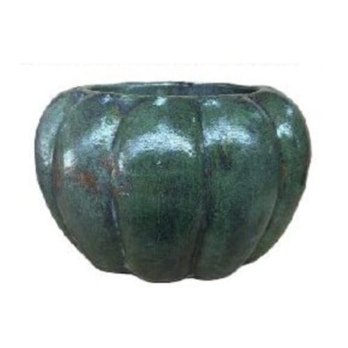 Glossy green pumpkin-shaped container on a white background.