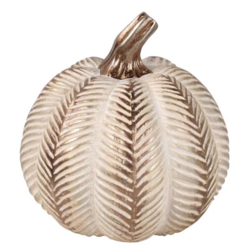 Cream decorative pumpkin with raised leaf texture and bronze stem on a white background.