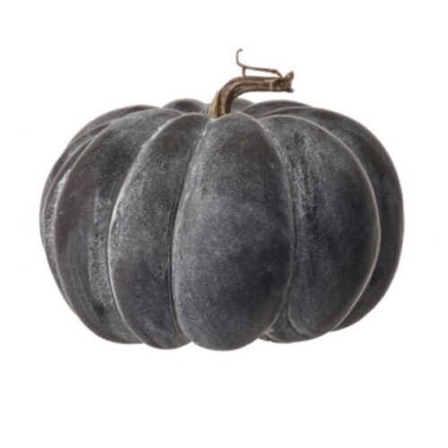 Matte black decorative pumpkin with a curved stem on a white background.